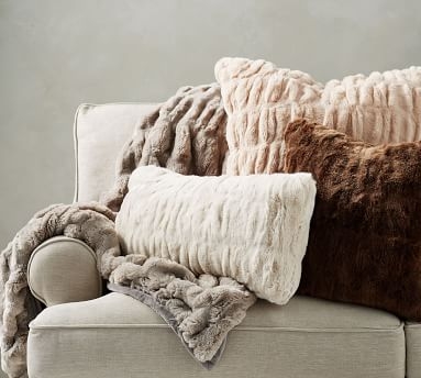 Faux Fur Ruched Lumbar Pillow Cover, 16 x 26", Ivory - Image 3