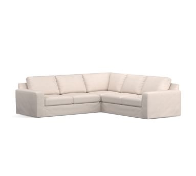 Big Sur Square Arm Slipcovered 3-Piece L-Shaped Corner Sectional, Down Blend Wrapped Cushions, Premium Performance Basketweave Light Gray - Image 1