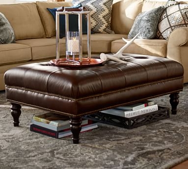 Martin Tufted Leather Small Rectangular Ottoman 42", Legacy Taupe - Image 1