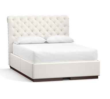 Chesterfield Upholstered Headboard and Side Storage Platform Bed with Bronze Nailheads, Queen, Performance Everydaylinen(TM) Ivory - Image 0