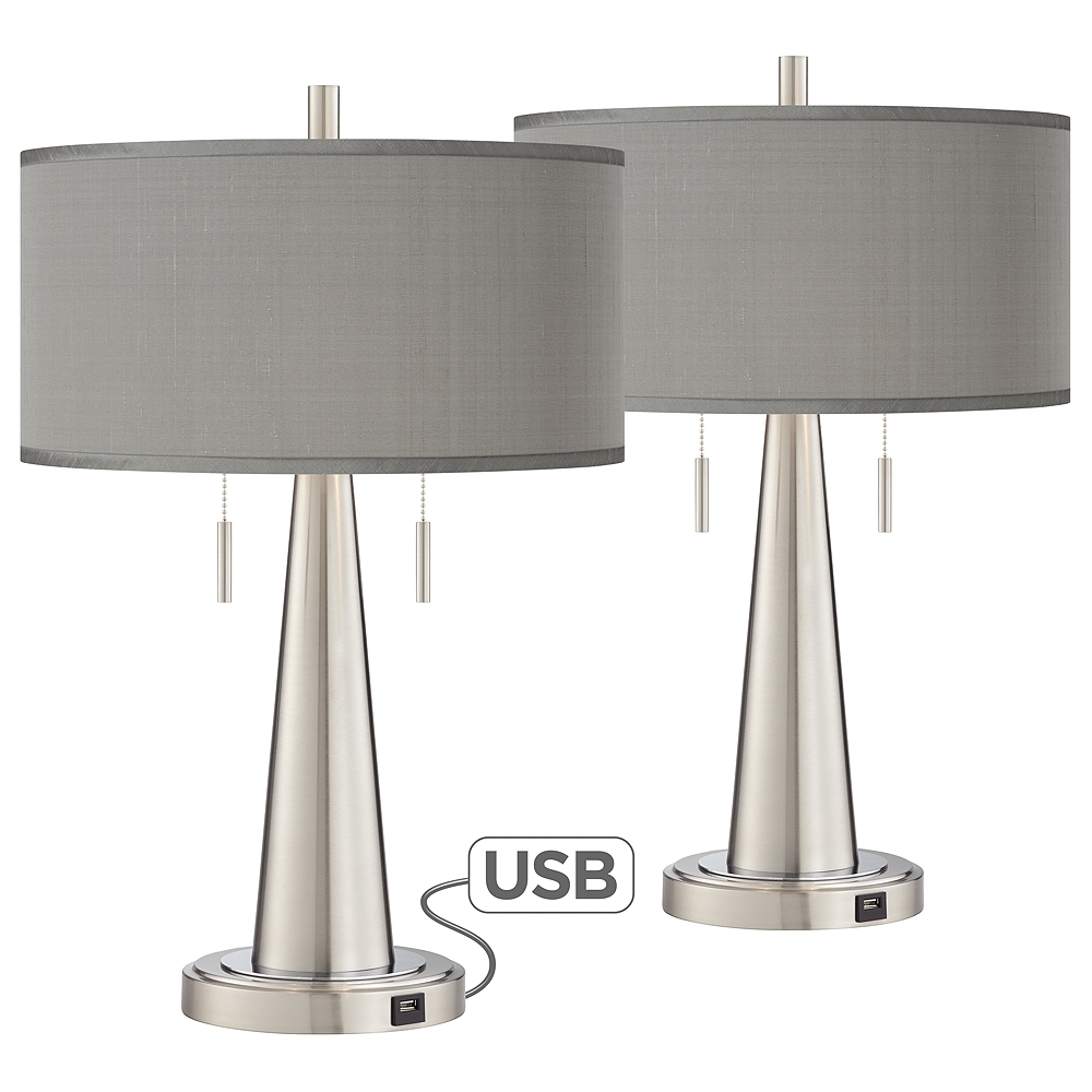 Possini Euro Vicki 23" High Nickel Gray Faux Silk USB Lamps Set of 2 - Image 0