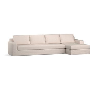 Big Sur Square Arm Slipcovered Left Arm Sofa with Chaise Sectional and Bench Cushion, Down Blend Wrapped Cushions, Sunbrella(R) Performance Herringbone Oatmeal - Image 0