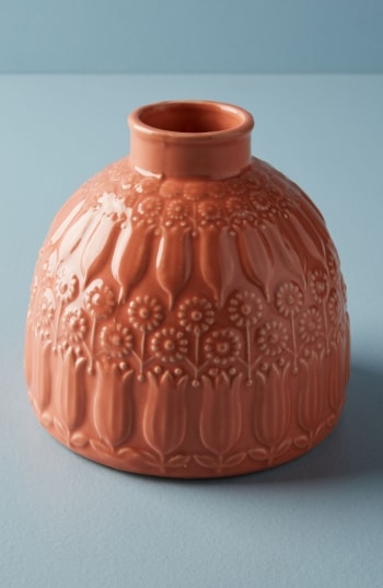 Anthropologie Embossed Floral Vase, Size Small - Coral - Image 0