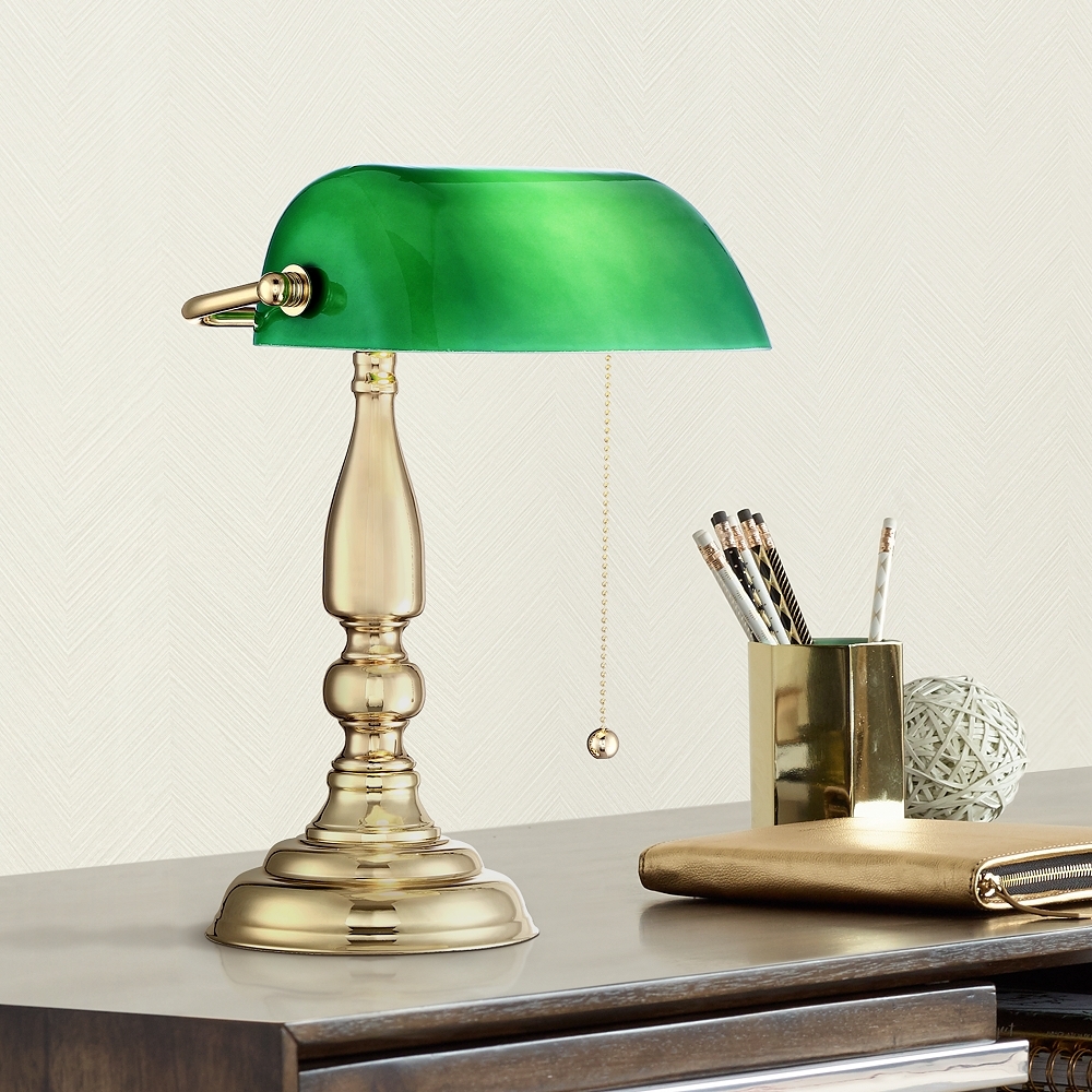 360 Lighting Hammond 14" High Green Glass and Brass Bankers Table Lamp - Image 0