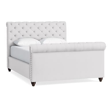 Chesterfield Upholstered Queen Bed with Tall Footboard, Twill White - Image 0
