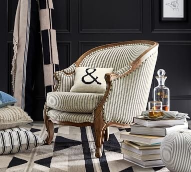 The Emily &amp; Merritt Bergere Upholstered Armchair, Polyester Wrapped Cushions, Vintage Stripe Black/Ivory - Image 3