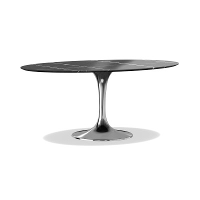 Tulip Oval Pedestal Dining Table, Black Marble, Polished Nickel - Image 1