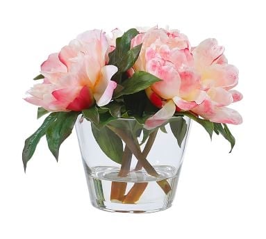 Faux Peonies In Round Glass Vase - Image 2