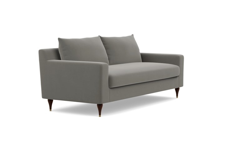 Sloan Sofa with Greige Fabric, Oiled Walnut with Brass Cap legs, and Bench Cushion - Image 1