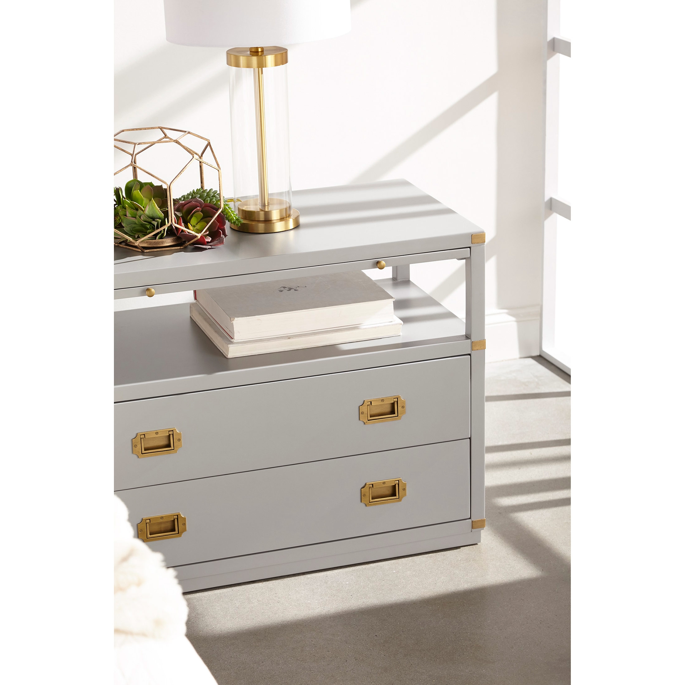 Bobby Modern Classic 2-Drawer Brushed Gold Pulls Dove Grey Nightstand - Image 3