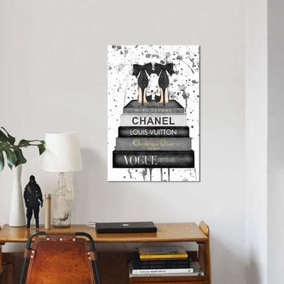 'Fashion Bookstack Gray Bow Shoes & Ink' Graphic Art Print on Canvas - Image 0