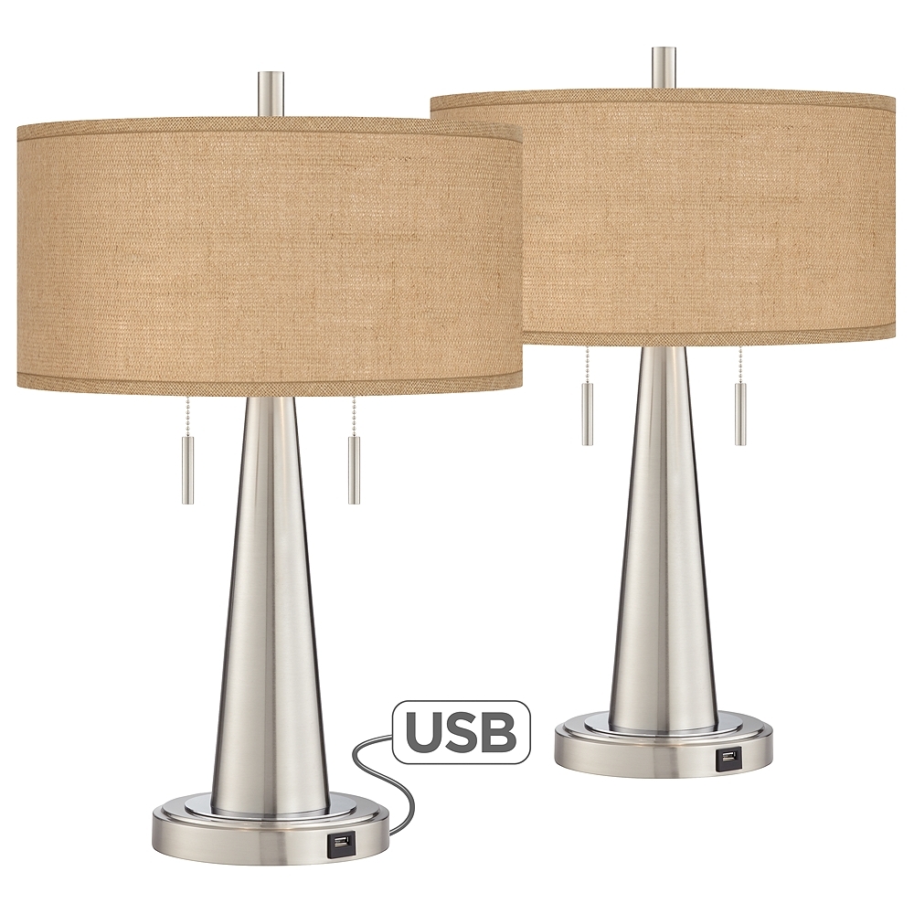 Possini Euro Vicki 23" Burlap and Nickel USB Table Lamps Set of 2 - Image 0