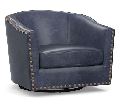Harlow Leather Swivel Armchair with Bronze Nailheads, Polyester Wrapped Cushions, Statesville Indigo Blue - Image 2