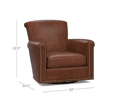 Irving Roll Arm Leather Swivel Armchair, Bronze Nailheads, Polyester Wrapped Cushions, Leather Vintage Caramel - Image 3