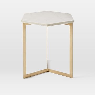 Hex Side Table White Marble, Antique Brass, White Glove - Image 3