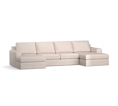 Big Sur Square Arm Slipcovered U-Chaise Loveseat Sectional, Down Blend Wrapped Cushions, Performance Everydaylinen(TM) Ivory - Image 0