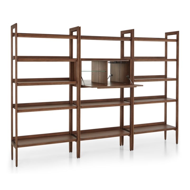 Tate Walnut Bookcase Bar Cabinet with 2 Wide Bookcases - Image 1