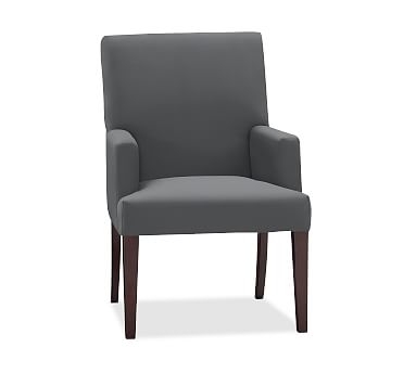 PB Comfort Square Upholstered Dining Armchair, Premium Performance Basketweave Charcoal, Espresso - Image 2