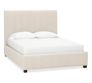 Raleigh Square Upholstered Bed with Pewter Nailheads, Queen, Tall Headboard 53"h, Sunbrella(R) Performance Sahara Weave Ivory - Image 0