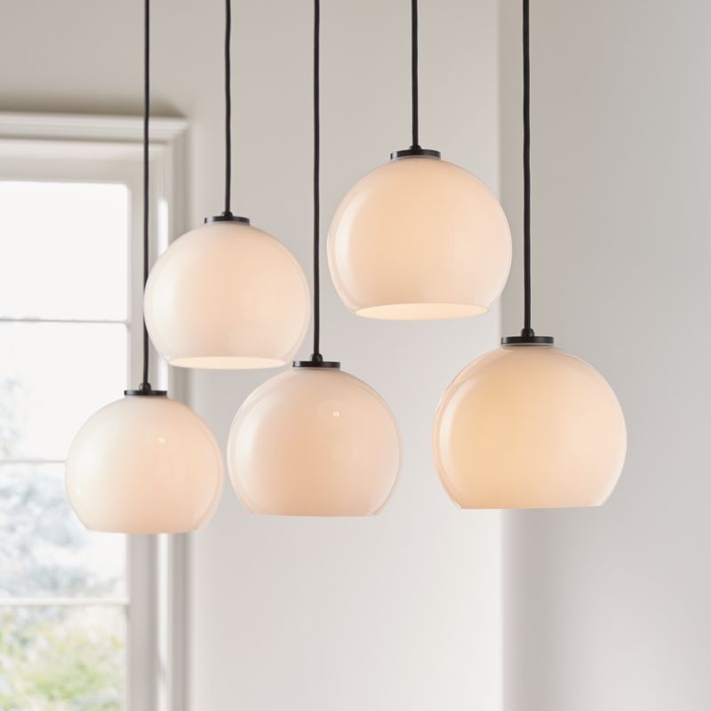 Arren Black 5-Light Linear Pendant with Round Milk Glass Shades 42" - Image 1