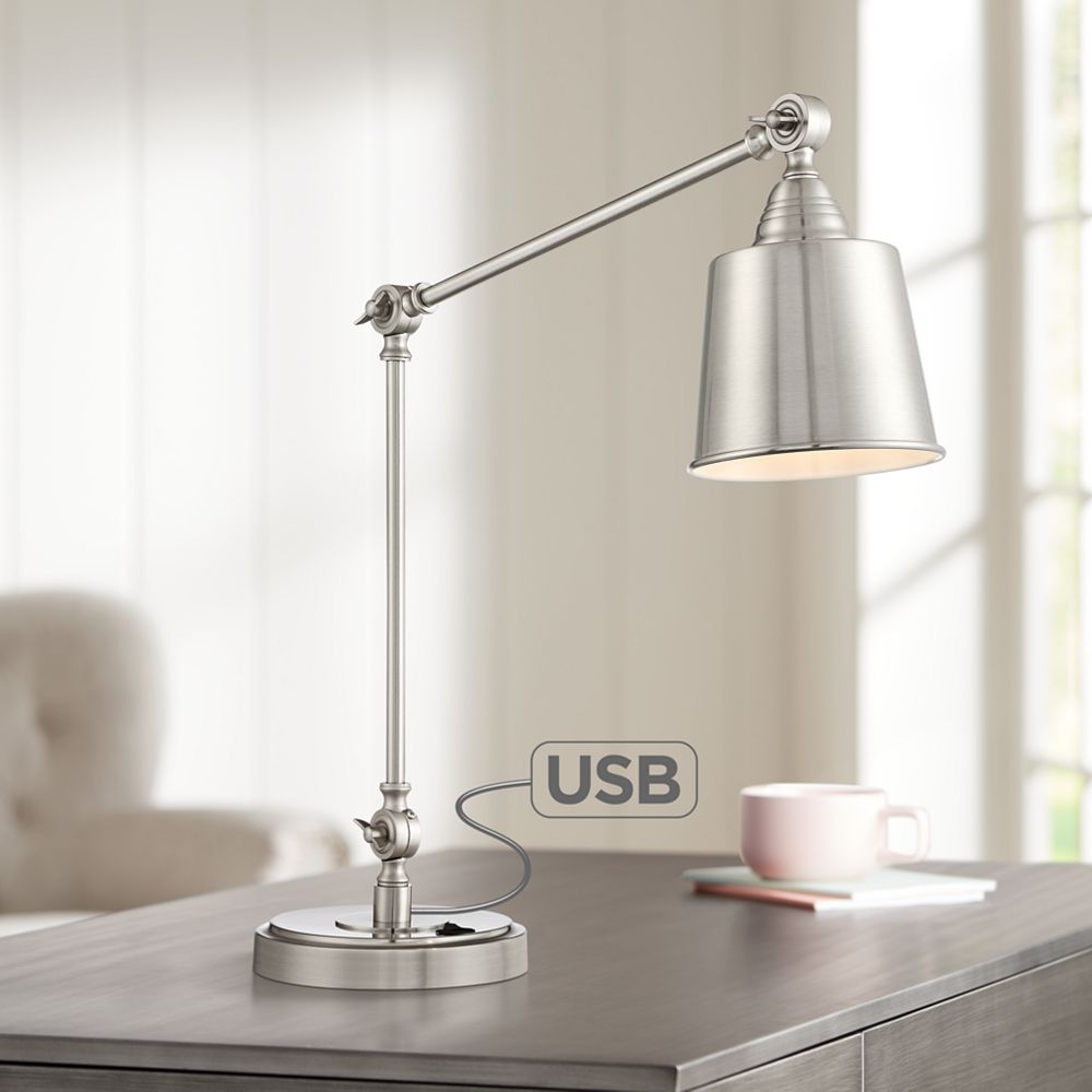 Caine Brushed Nickel Desk Lamp with USB Port - Style # 56F15 - Image 0