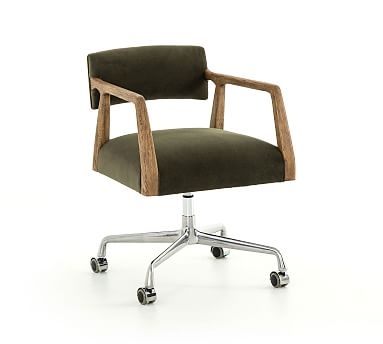 Belden Velvet Desk Chair, Oak, Olive - Image 0
