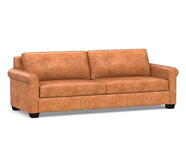 York Roll Arm Leather Grand Sofa 98", Polyester Wrapped Cushions, Statesville Caramel - Image 0
