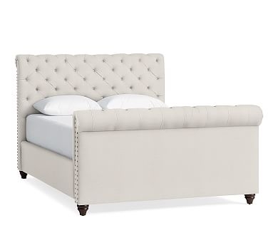 Chesterfield Upholstered King Bed with Tall Footboard, Polyester Wrapped Cushions, Textured Basketweave Ivory - Image 2