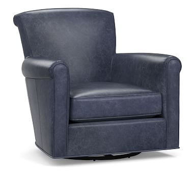 Irving Roll Arm Leather Swivel Armchair, Polyester Wrapped Cushions, Statesville Indigo Blue - Image 2
