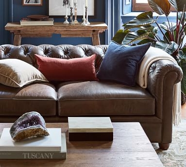 Chesterfield Roll Arm Leather Sofa 86", Polyester Wrapped Cushions, Nubuck Fawn - Image 4