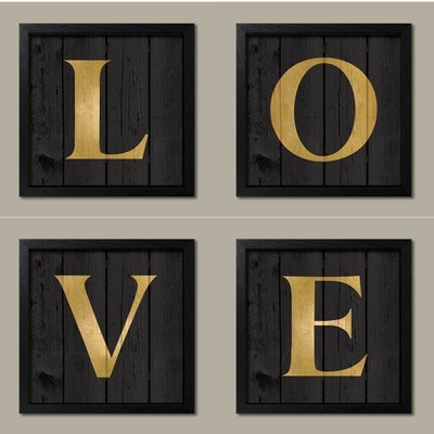 'Lovely Black and Gold LOVE' 4 Piece Framed Textual Art Set - Image 0