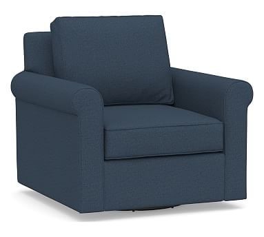 Cameron Roll Arm Upholstered Swivel Armchair, Polyester Wrapped Cushions, Brushed Crossweave Navy - Image 2