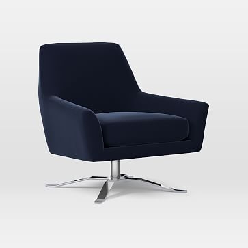 Lucas Swivel Base Chair, Poly, Distressed Velvet, Ink Blue, Polished Nickel - Image 2