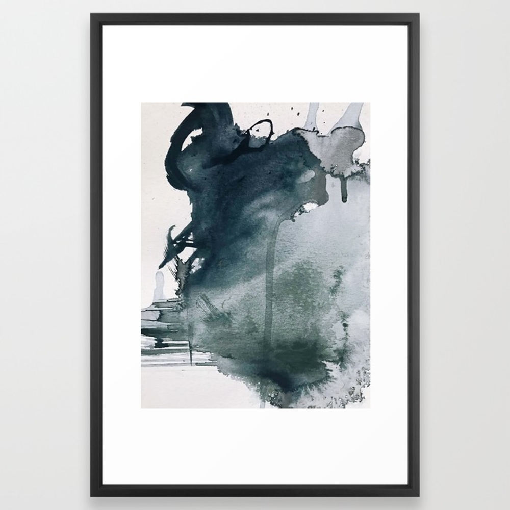 Lakeside: a minimal, abstract, watercolor and ink piece in shades of blue and green Framed Art Print by Blushingbrushstudio_FrameScoopBlack_ 26" X 38" - Image 0