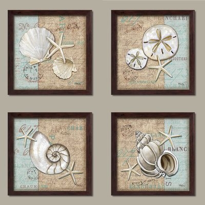 'Trendy Coastal Art Shells on Linen and Postcard Style-Background' 4 Piece Framed Graphic Art Print Set - Image 0