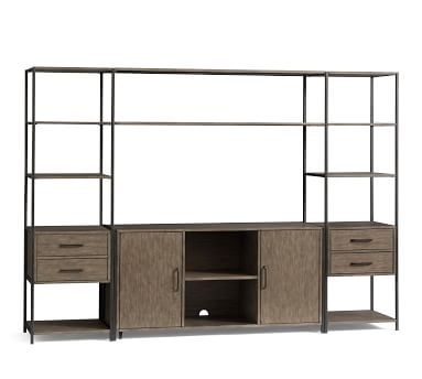 Ramsey Media Suite with Doors (2 Towers, 1 Media Console, 2 Long Shelves), Earl Gray - Image 1