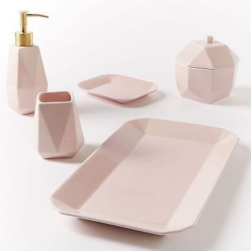 Faceted Porcelain Bath Accessories, Pink, Set of 5 - Image 1
