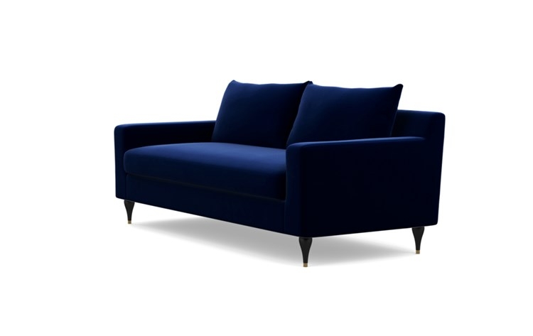 Sloan Sofa with Oxford Blue Fabric, Matte Black with Brass Cap legs, and Bench Cushion - Image 4