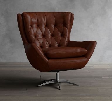 Wells Leather Swivel Armchair with Bronze Base, Polyester Wrapped Cushions, Legacy Chocolate - Image 1