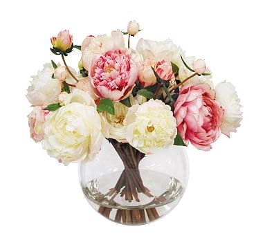 Faux Peony and Rose In Round Glass Vase, White/Pink - Image 0