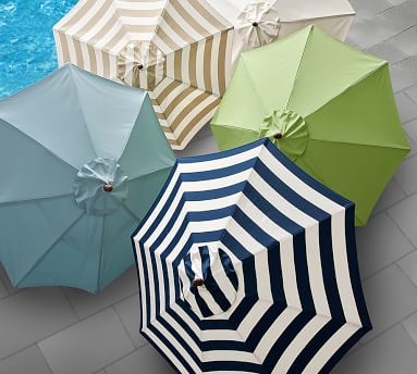9' Teak Round Umbrella - Premium, Sunbrella(R) Awning Stripe, Gray - Image 3