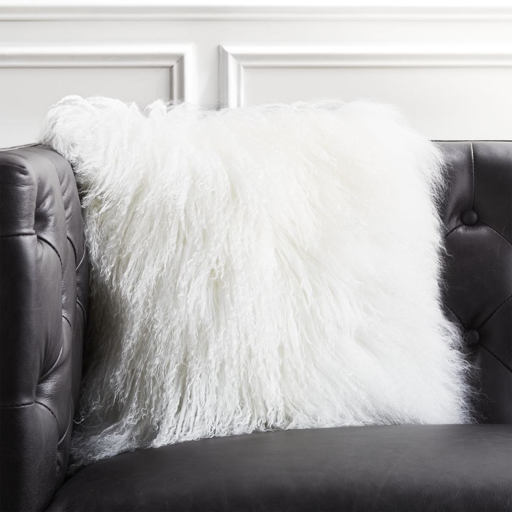 "16"" Mongolian Sheepskin White Fur Pillow with Feather-Down Insert" - Image 0
