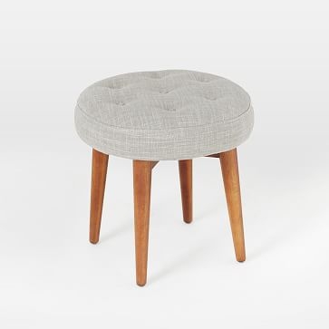 Mid-Century Upholstered Stool, Linen Weave, Platinum - Image 0