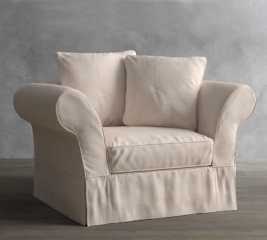 Charleston Slipcovered Chair-and-a-Half, Polyester Wrapped Cushions, Performance Heathered Tweed Indigo - Image 1
