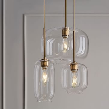 Sculptural Glass 3-Light Round Chandelier, S-M-L Pebble, Clear Shade, Brass Canopy - Image 0