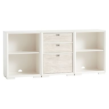 Callum Mixed Shelf Bookcase, 2 Bookcases & 1 Three-Drawer, Weathered White/Simply White - Image 0