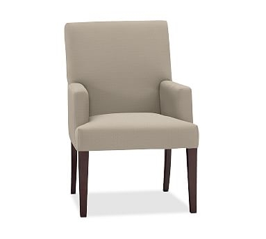 PB Comfort Square Upholstered Dining Arm Chair, Sunbrella(R) Performance Herringbone Light Gray - Image 0