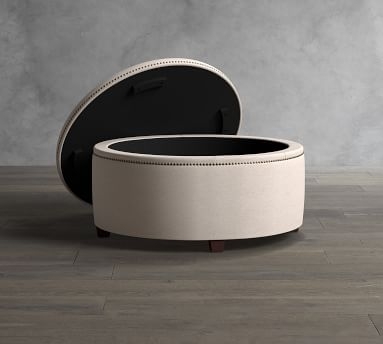 Tamsen Upholstered Round Storage Ottoman, Premium Performance Awning Stripe Light Gray/Ivory - Image 2