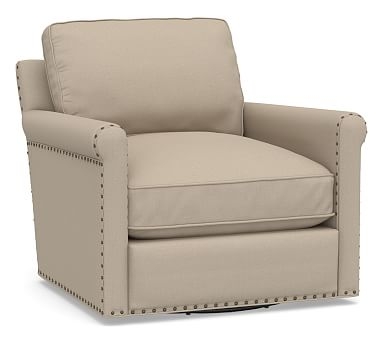 Tyler Roll Arm Upholstered Swivel Armchair with Nailheads, Down Blend Wrapped Cushions, Sunbrella(R) Performance Slub Tweed Oatmeal - Image 0
