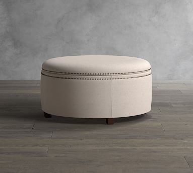 Tamsen Upholstered Round Storage Ottoman, Premium Performance Awning Stripe Light Gray/Ivory - Image 1